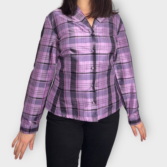 Vintage 1990s Ann Taylor Plaid Silk Button Down Purple & Pink Blouse - Picture 2 of 10